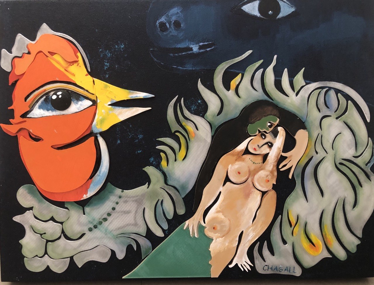 The Rooster in Love — Relief on canvas · Homage to Chagall by Lena Levit